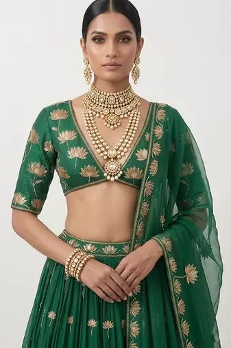Green Embroidered Silk Lehenga Set