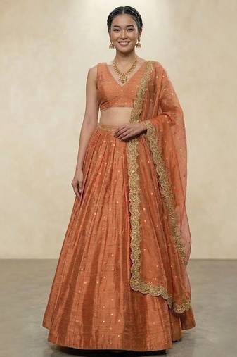 Orange Embroidered Raw Silk Lehenga Set