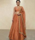 Orange Embroidered Raw Silk Lehenga Set