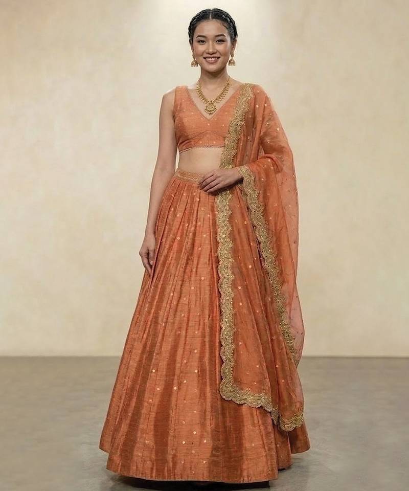 Orange Embroidered Raw Silk Lehenga Set