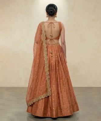 Orange Embroidered Raw Silk Lehenga Set 3