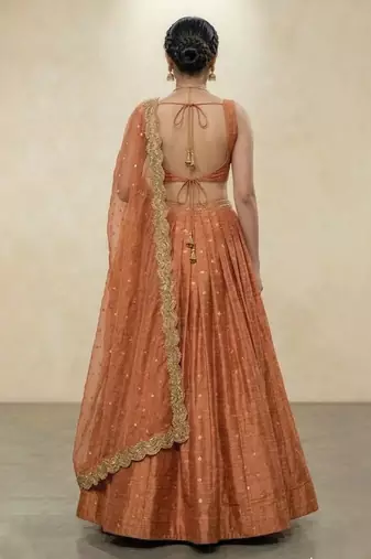 Orange Embroidered Raw Silk Lehenga Set