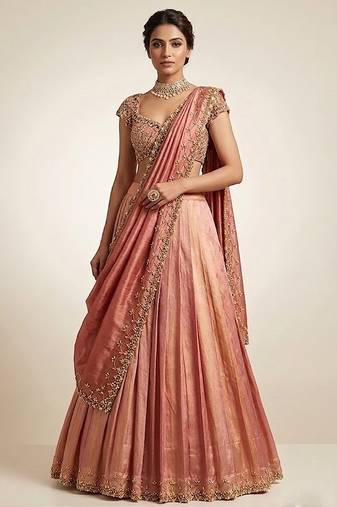 Peach Embroidered Tissue Lehenga Set