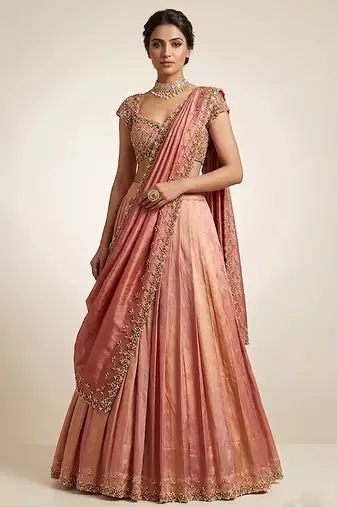 Peach Embroidered Tissue Lehenga Set