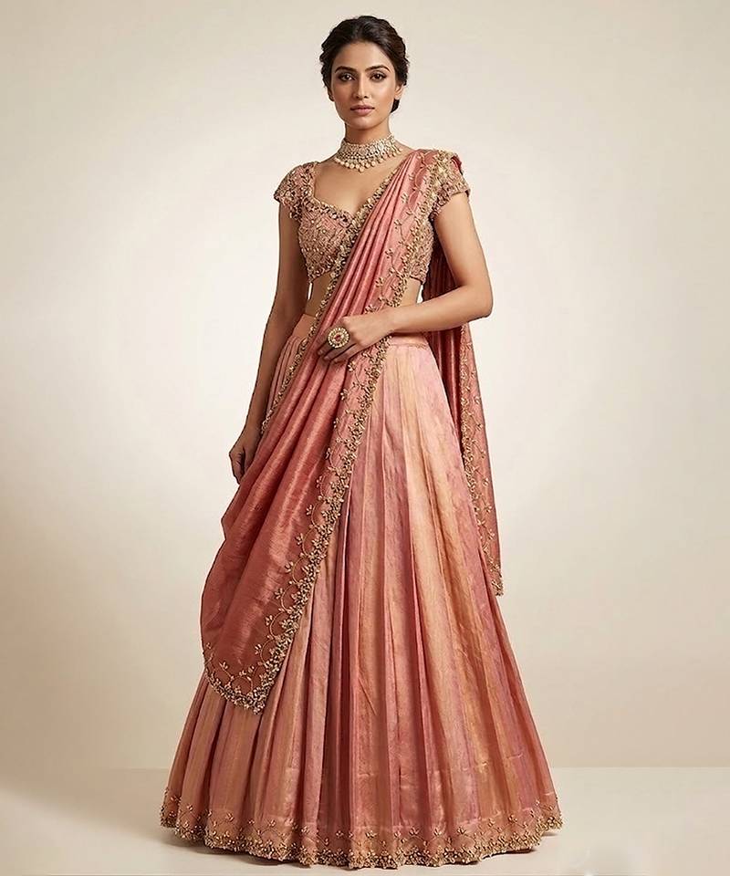 Peach Embroidered Tissue Lehenga Set