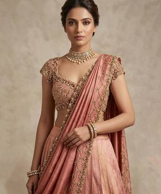 Peach Embroidered Tissue Lehenga Set 2