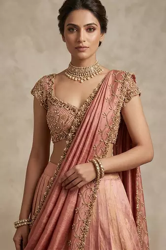Peach Embroidered Tissue Lehenga Set