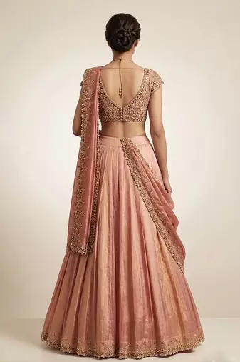 Peach Embroidered Tissue Lehenga Set