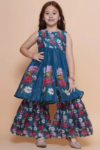 Teal blue with multicolor floral print silk blend sleeveless flared kurti with sharara set girls ethnic wear set