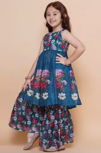 Teal blue with multicolor floral print silk blend sleeveless flared kurti with sharara set girls ethnic wear set