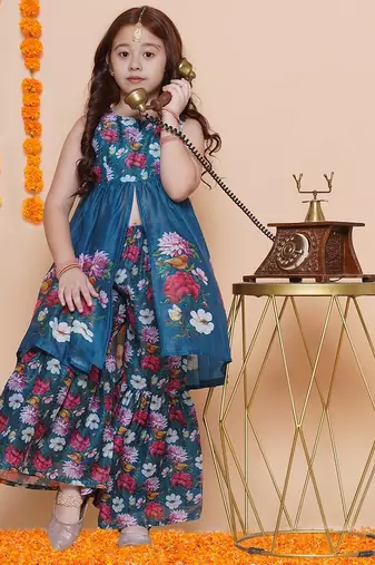 Teal blue with multicolor floral print silk blend sleeveless flared kurti with sharara set girls ethnic wear set