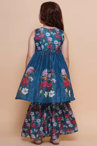 Teal blue with multicolor floral print silk blend sleeveless flared kurti with sharara set girls ethnic wear set