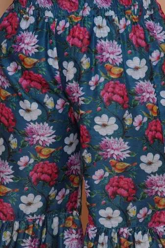 Teal blue with multicolor floral print silk blend sleeveless flared kurti with sharara set girls ethnic wear set