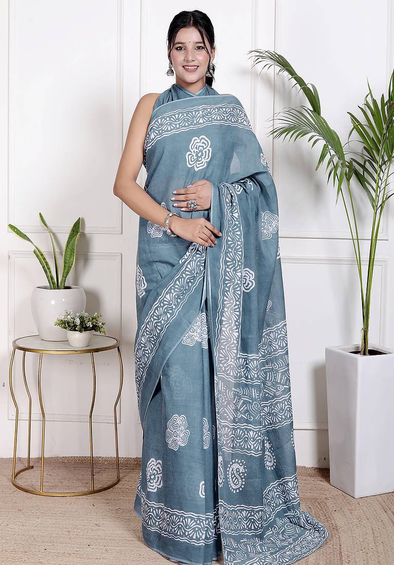 Floral printed pure cotton ethnic saree for woman