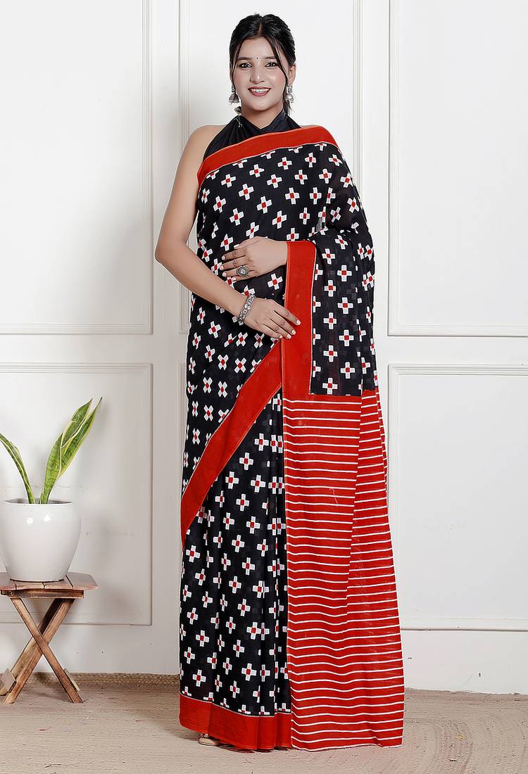 Ikat printed pure cotton ethnic saree for woman