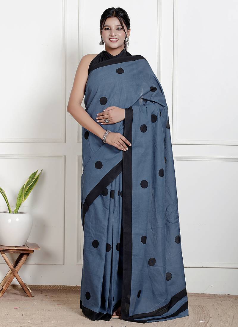 Dots print printed pure cotton ethnic saree for woman