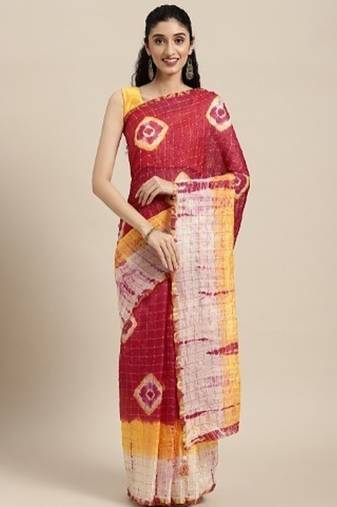 Red Bandhani Art Silk Saree With Zari Border
