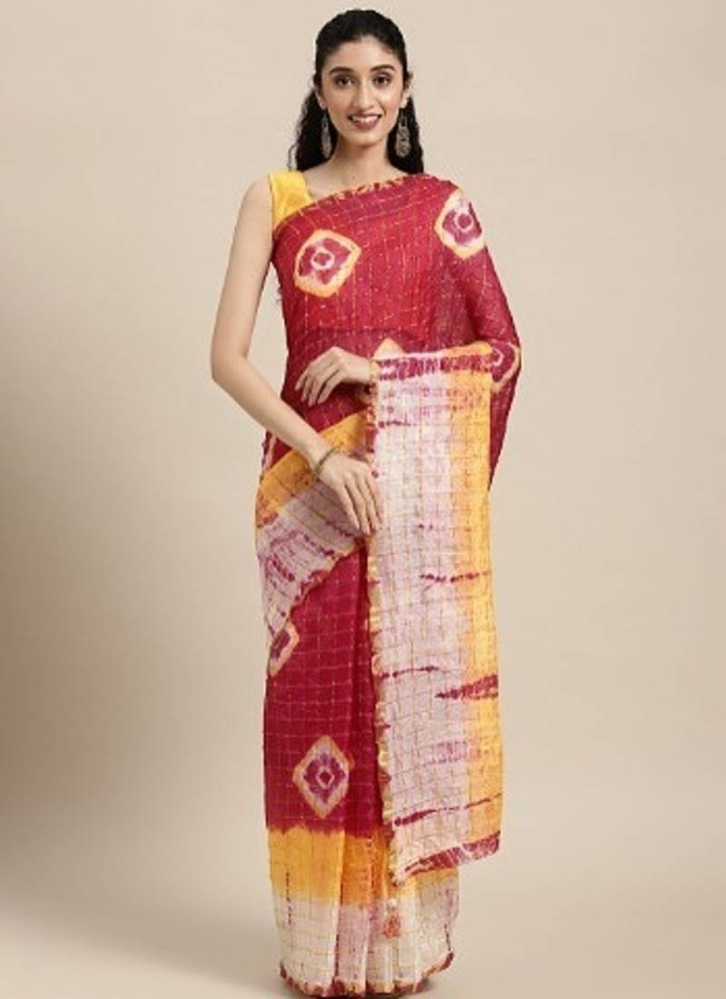 Red Bandhani Art Silk Saree With Zari Border