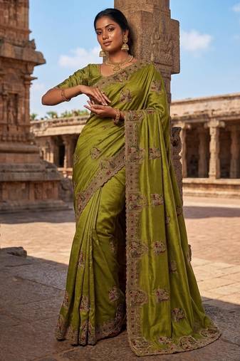 Olive Color Embroidery  & Siroski Work Tesla Silk Saree