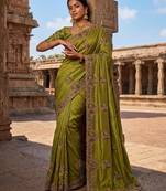 Olive Color Embroidery  & Siroski Work Tesla Silk Saree