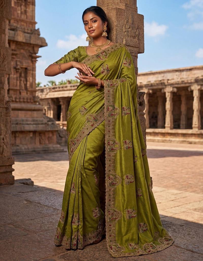 Olive Color Embroidery  & Siroski Work Tesla Silk Saree