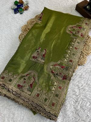 Olive Color Embroidery  & Siroski Work Tesla Silk Saree 2