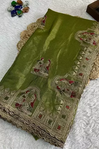 Olive Color Embroidery  & Siroski Work Tesla Silk Saree