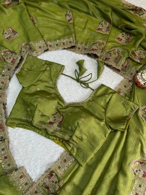Olive Color Embroidery  & Siroski Work Tesla Silk Saree 3