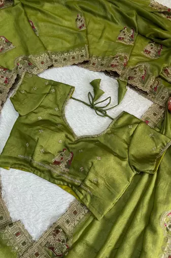 Olive Color Embroidery  & Siroski Work Tesla Silk Saree