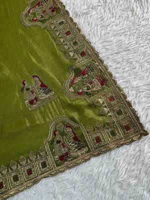 Olive Color Embroidery  & Siroski Work Tesla Silk Saree 4