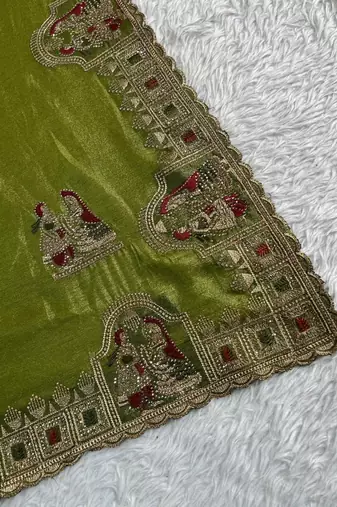 Olive Color Embroidery  & Siroski Work Tesla Silk Saree