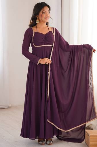 Elegant wine fox blooming georgette flared anarkali gown with dupatta