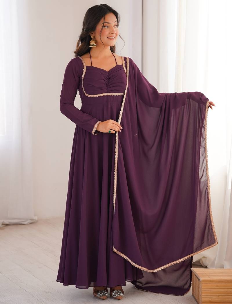 Elegant wine fox blooming georgette flared anarkali gown with dupatta