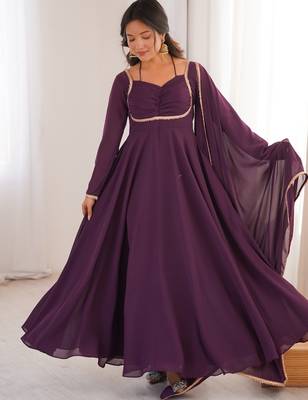 Elegant wine fox blooming georgette flared anarkali gown with dupatta 2