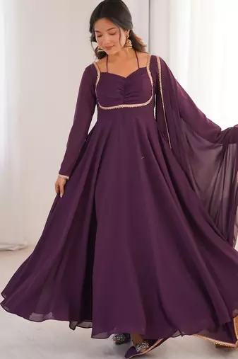 Elegant wine fox blooming georgette flared anarkali gown with dupatta