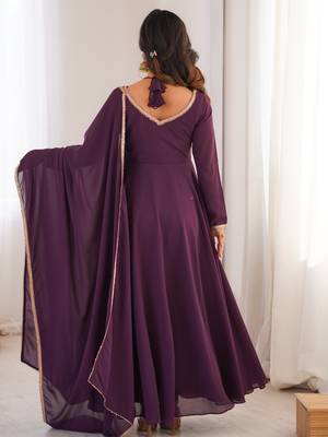 Elegant wine fox blooming georgette flared anarkali gown with dupatta 3