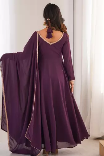 Elegant wine fox blooming georgette flared anarkali gown with dupatta