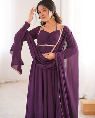 Elegant wine fox blooming georgette flared anarkali gown with dupatta 4