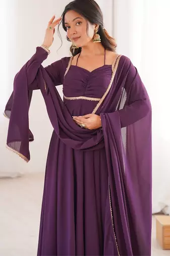 Elegant wine fox blooming georgette flared anarkali gown with dupatta