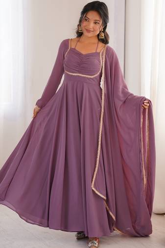 Elegant mauve fox blooming georgette flared anarkali gown with dupatta