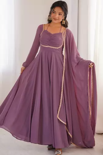 Elegant mauve fox blooming georgette flared anarkali gown with dupatta
