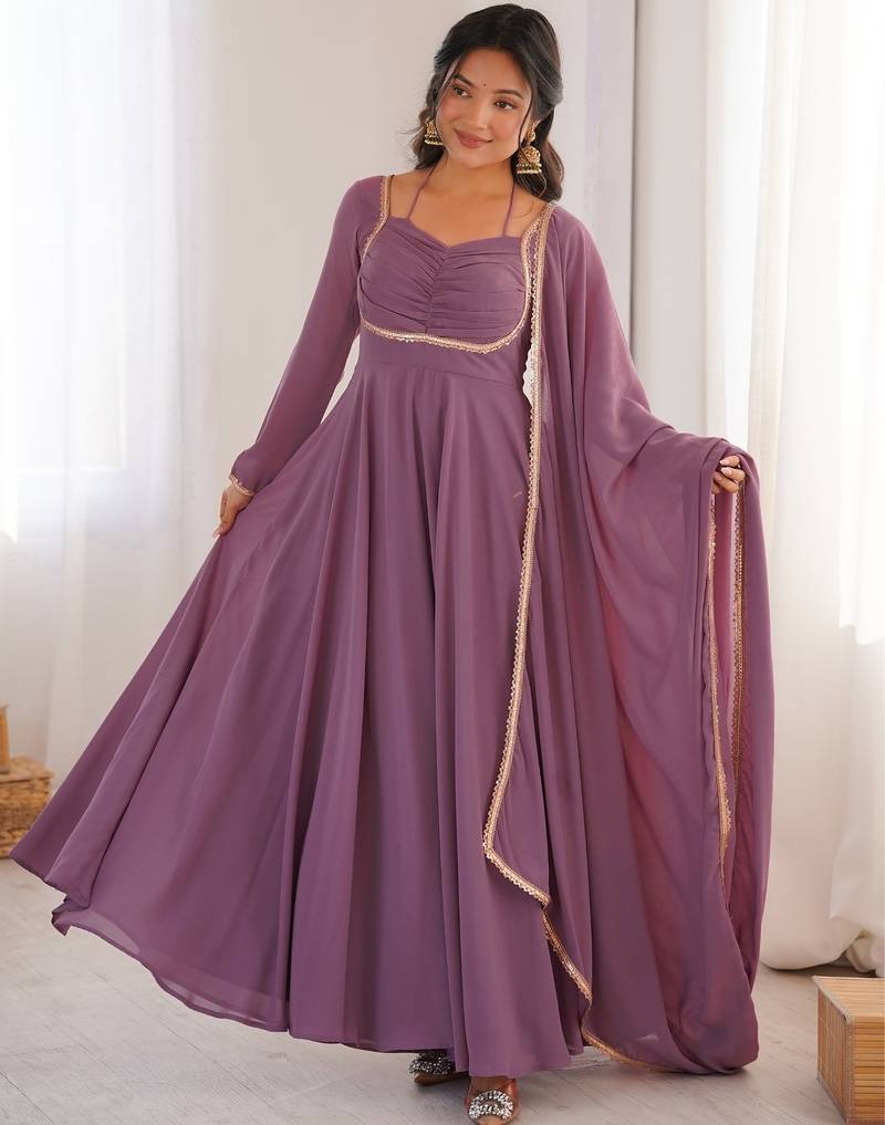 Elegant mauve fox blooming georgette flared anarkali gown with dupatta