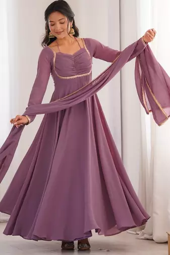 Elegant mauve fox blooming georgette flared anarkali gown with dupatta
