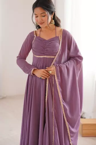 Elegant mauve fox blooming georgette flared anarkali gown with dupatta