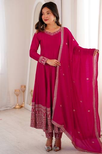 Rani pink vichitra silk full kali anarkali gown set with embroidered dupatta and pant