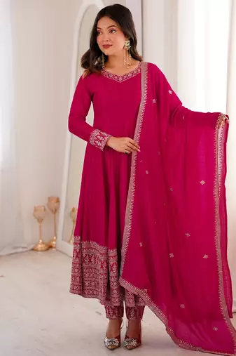 Rani pink vichitra silk full kali anarkali gown set with embroidered dupatta and pant