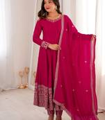 Rani pink vichitra silk full kali anarkali gown set with embroidered dupatta and pant
