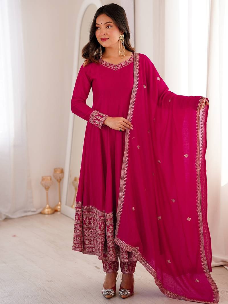 Rani pink vichitra silk full kali anarkali gown set with embroidered dupatta and pant