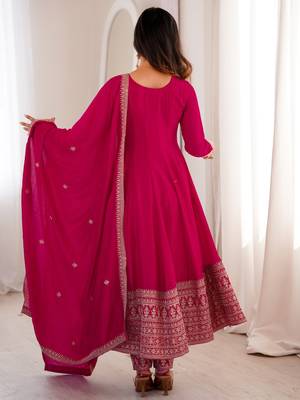 Rani pink vichitra silk full kali anarkali gown set with embroidered dupatta and pant 2