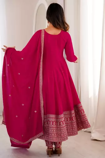 Rani pink vichitra silk full kali anarkali gown set with embroidered dupatta and pant